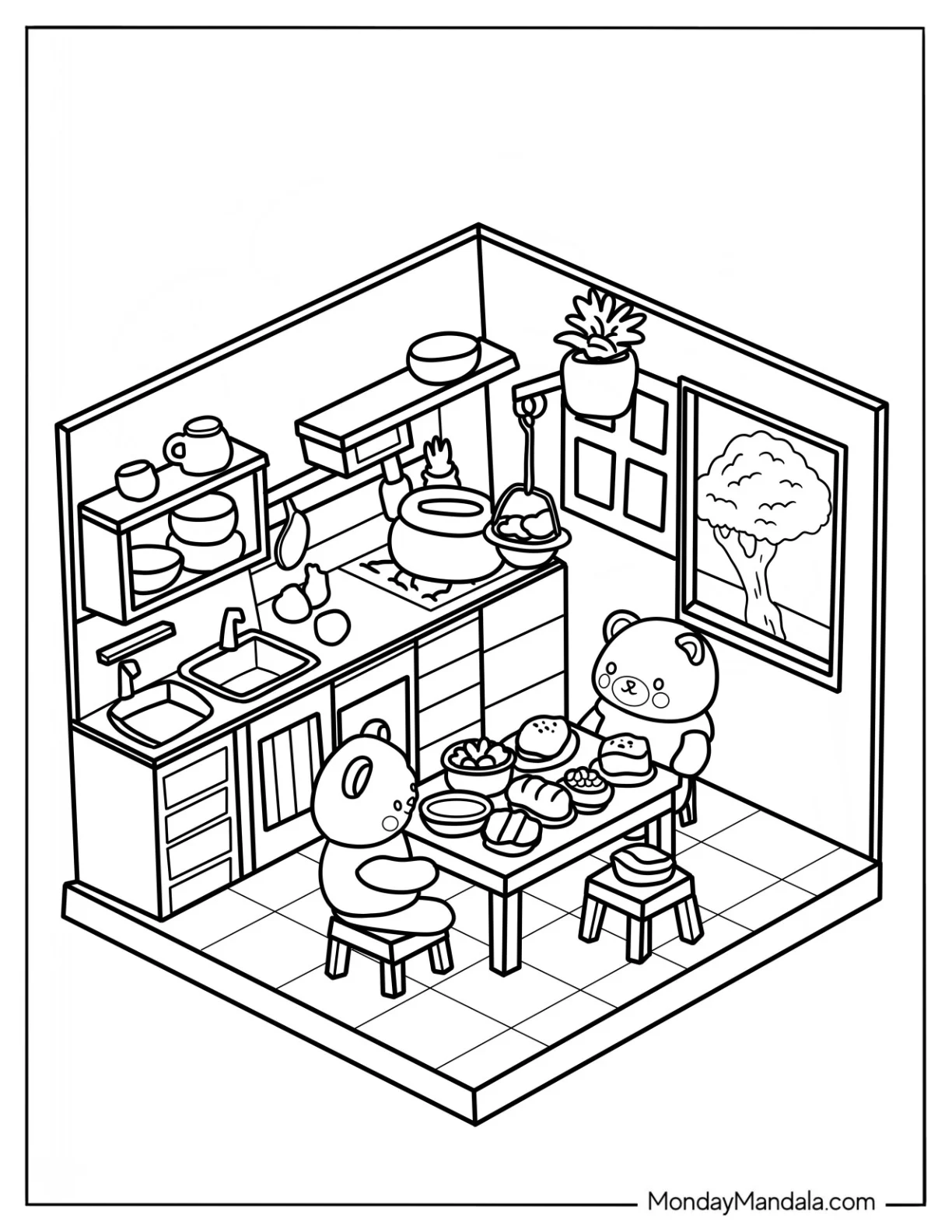 Isometric Kitchen Coloring Page With Two Bears coloring page