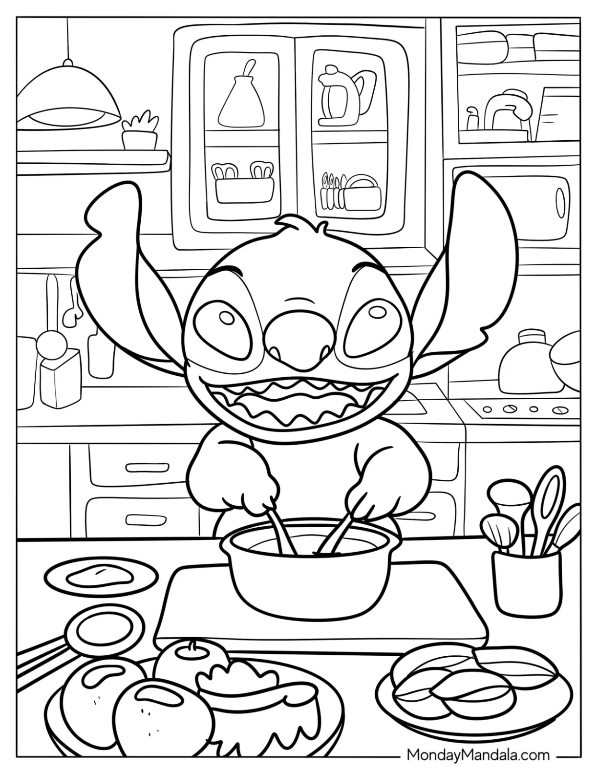 Kitchen Coloring Page Of Cheerful Stitch Stirring The Pot For Kids coloring page