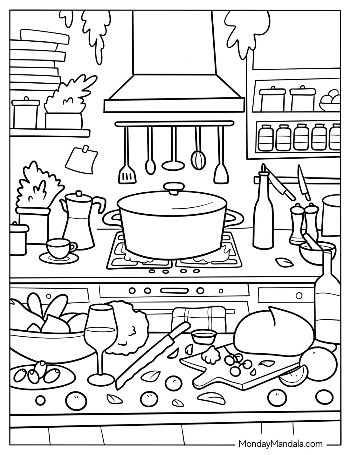 Kitchen Coloring Page Of Countertop With Sliced Ingredients And Pot On The Stove coloring page