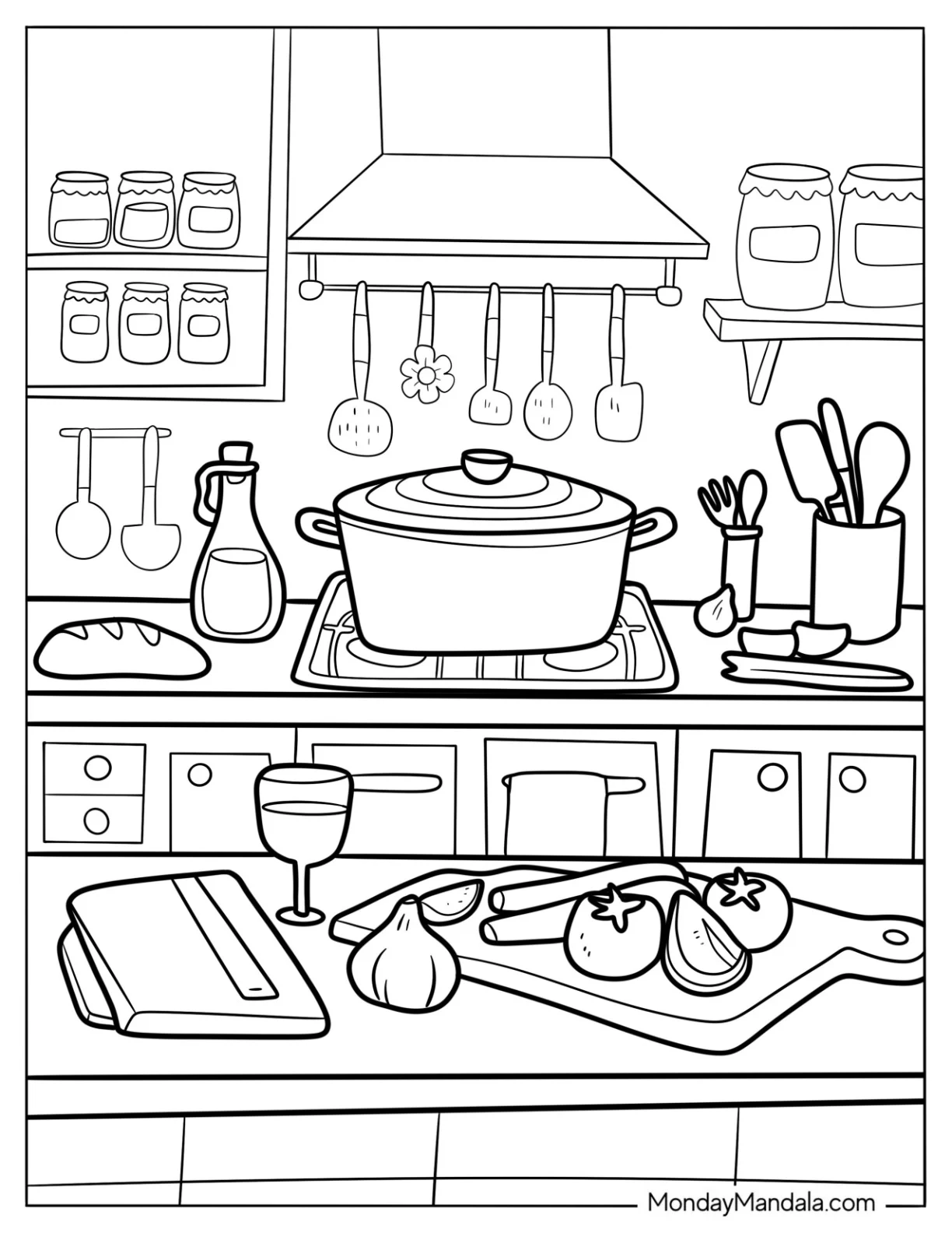 Kitchen Coloring Page With Various Ingredients And Pot On The Stove coloring page — printable line art