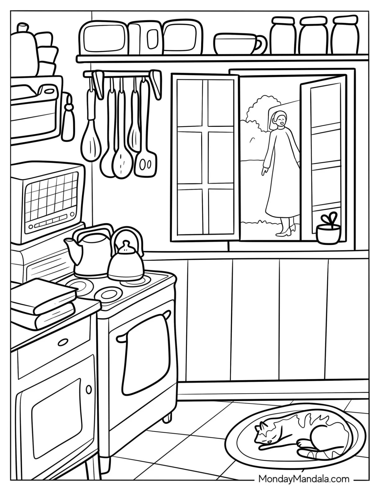 Kitchen Sleeping In A Cozy Kitchen Coloring Page coloring page