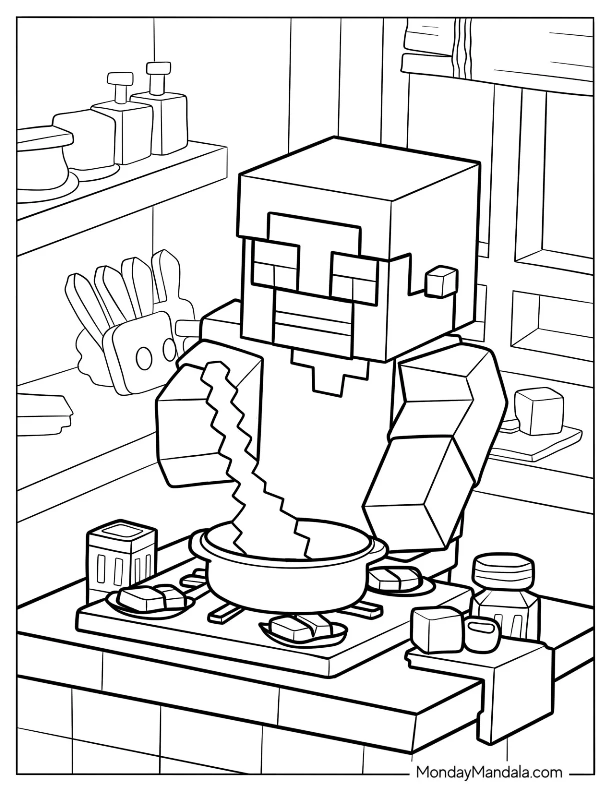 Minecraft Steve Cooking Dinner In The Kitchen Coloring Page For Kids coloring page
