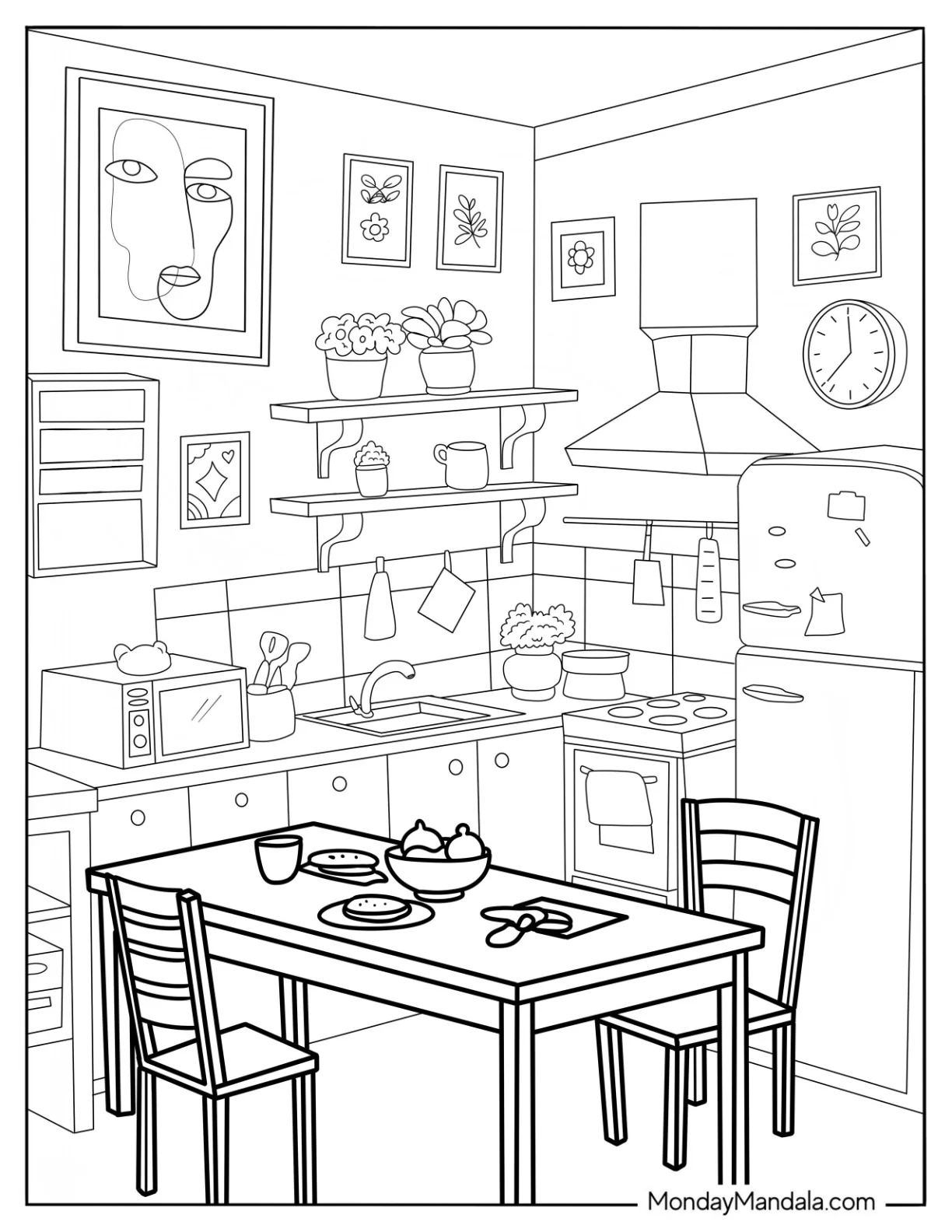 Modern Kitchen Coloring Page With Dining Table Coloring Page coloring page — printable line art