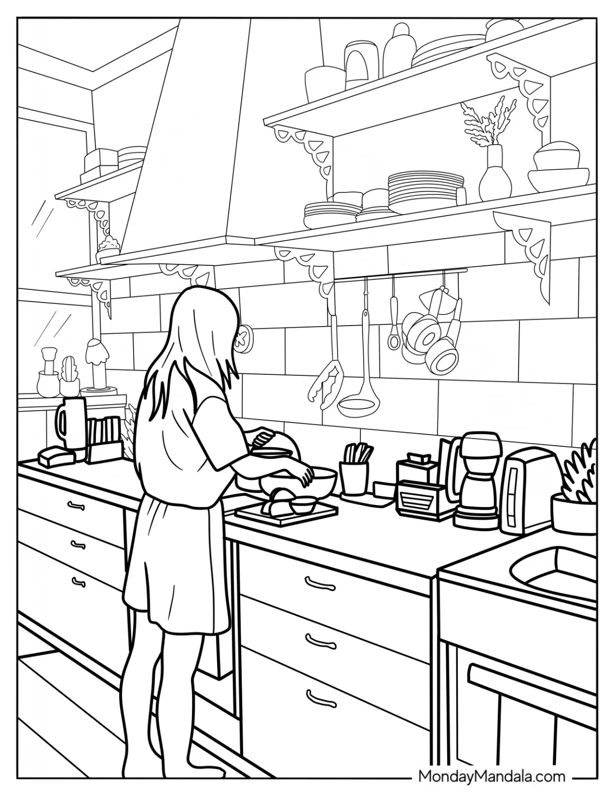 Realistic Woman Preparing Food In The Kitchen Coloring Page coloring page