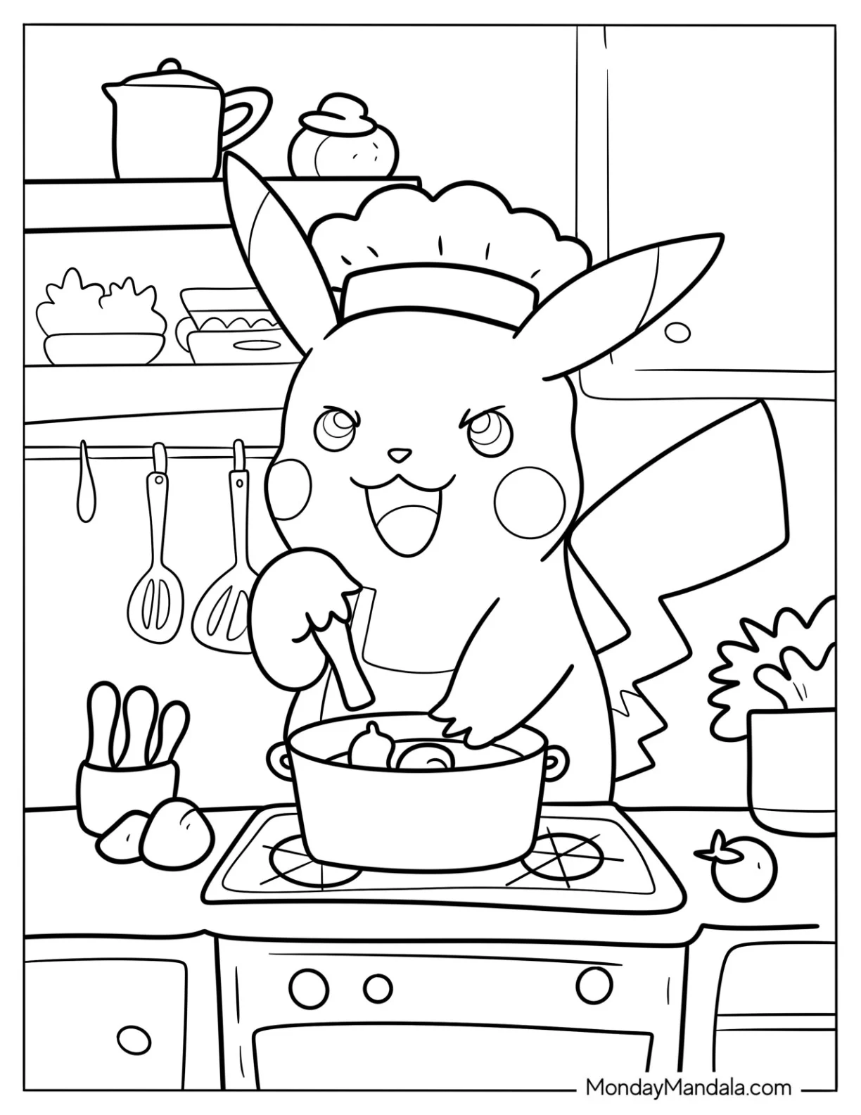 Simple Pikachu Cooking In The Kitchen Coloring Page For Kids coloring page