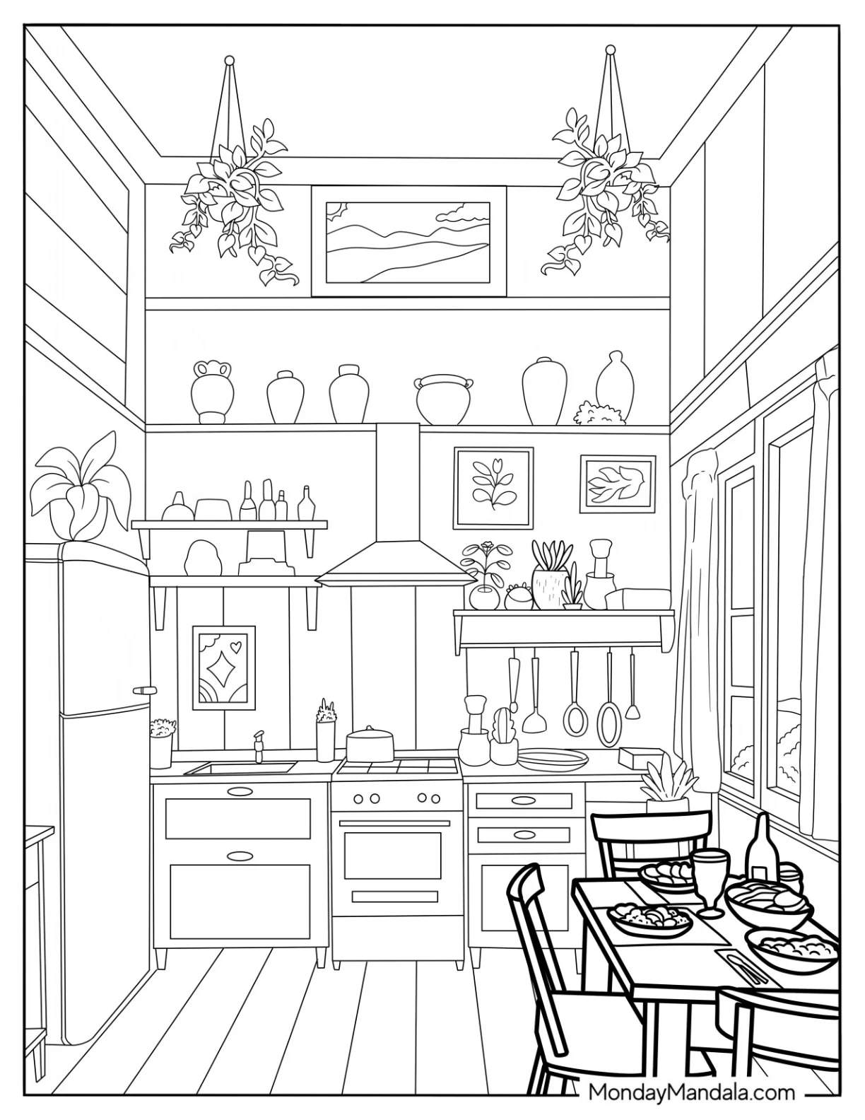 Vintage Kitchen Coloring Page With Plants And Dining Table coloring page