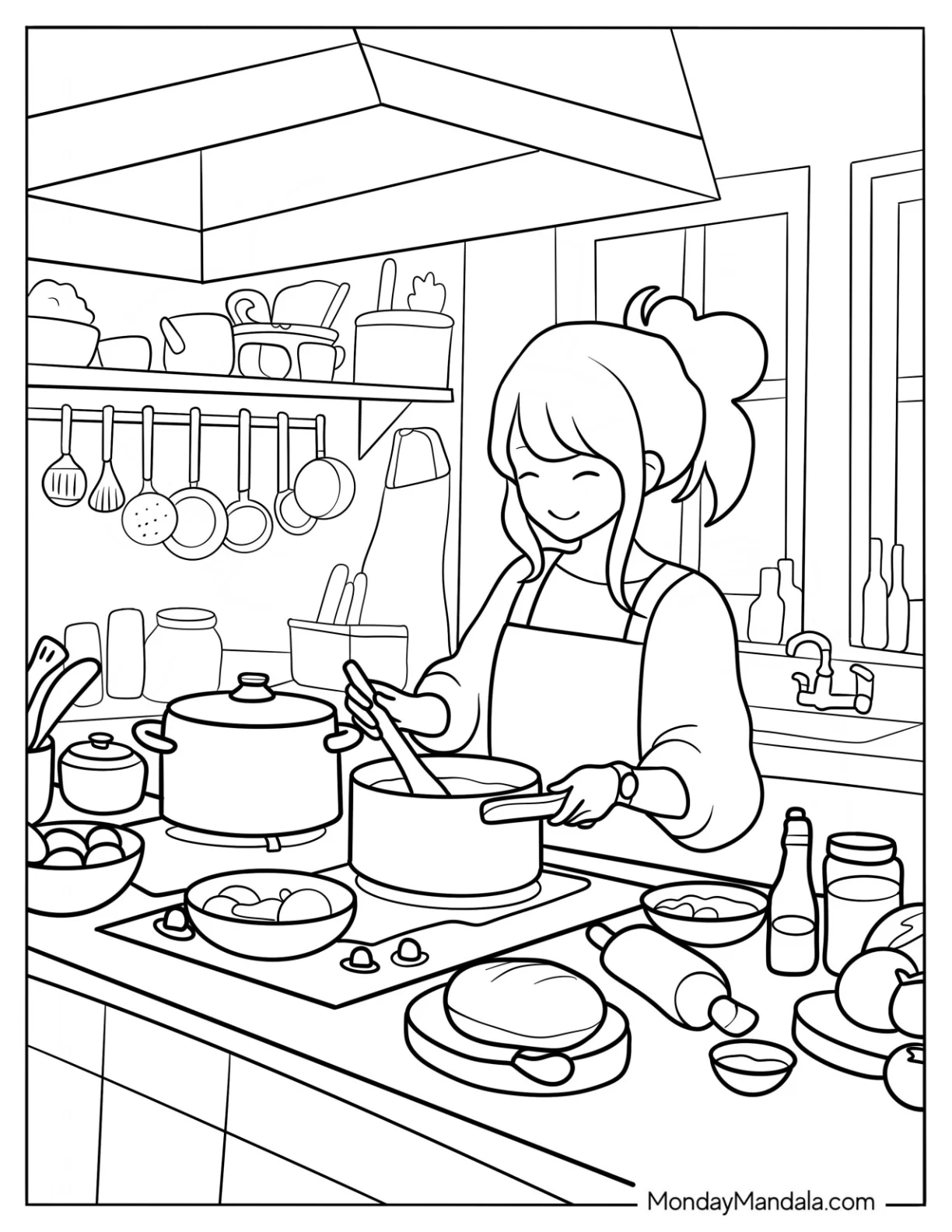 Woman Cooking In The Kitchen Coloring Page For Kids coloring page
