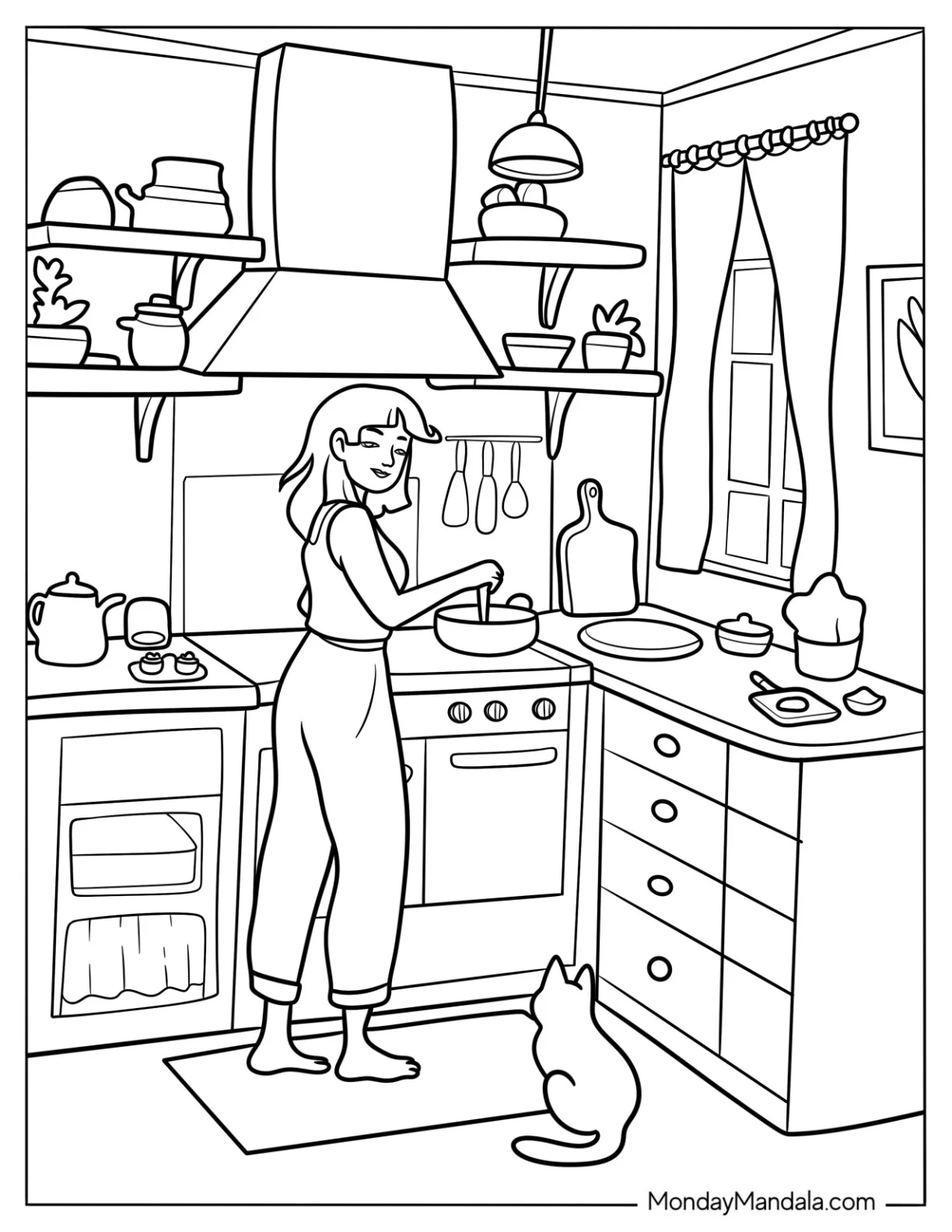 Woman Cooking In The Kitchen Coloring Page With Her Cat coloring page