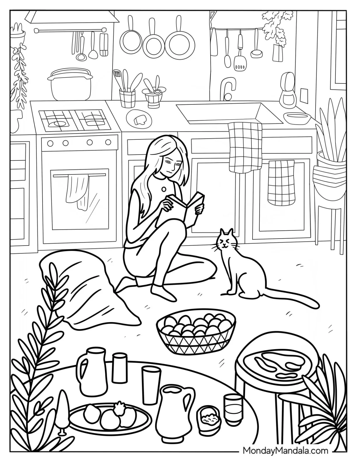 Woman Reading A Book In The Kitchen Coloring Page With A Cat coloring page