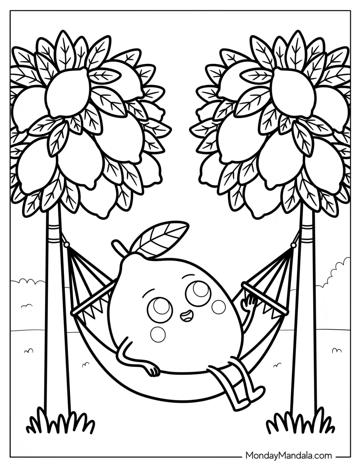 Cartoon Lemon Coloring Page on a Hammock Tied to Lemon Trees coloring page