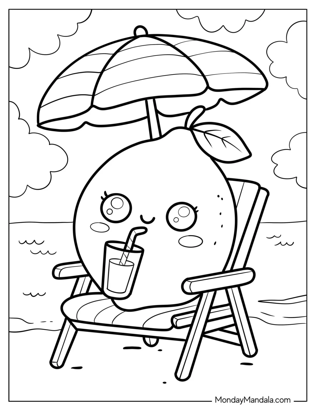 Cool Lemon Coloring Page Sitting on a Beach Chair coloring page