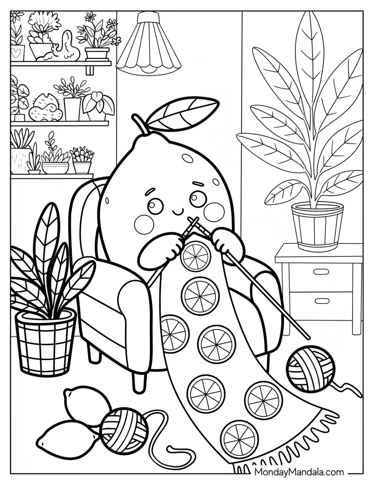 Cute Lemon Coloring Page Knitting Scarf in Living Room for Kids coloring page — printable line art