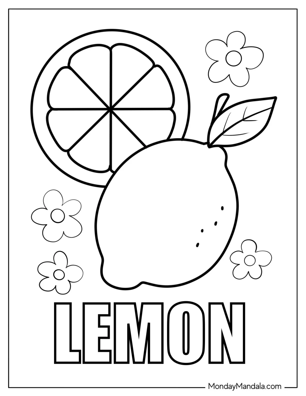 Easy Whole Lemon Coloring Page and Lemon Slice with Text and Flowers.pdf coloring page — printable line art