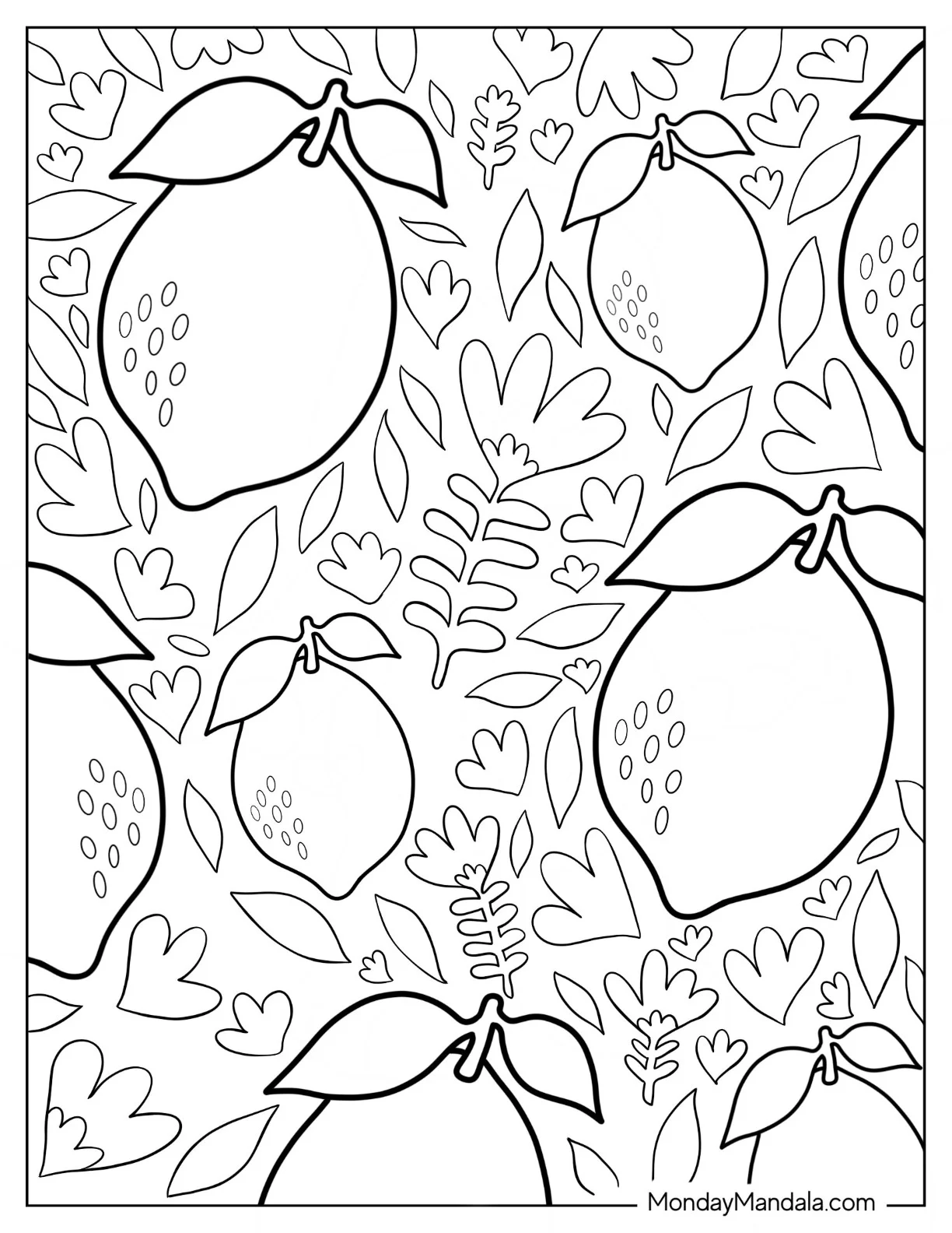 Full Page Whole Lemon Coloring Page With Leaves coloring page