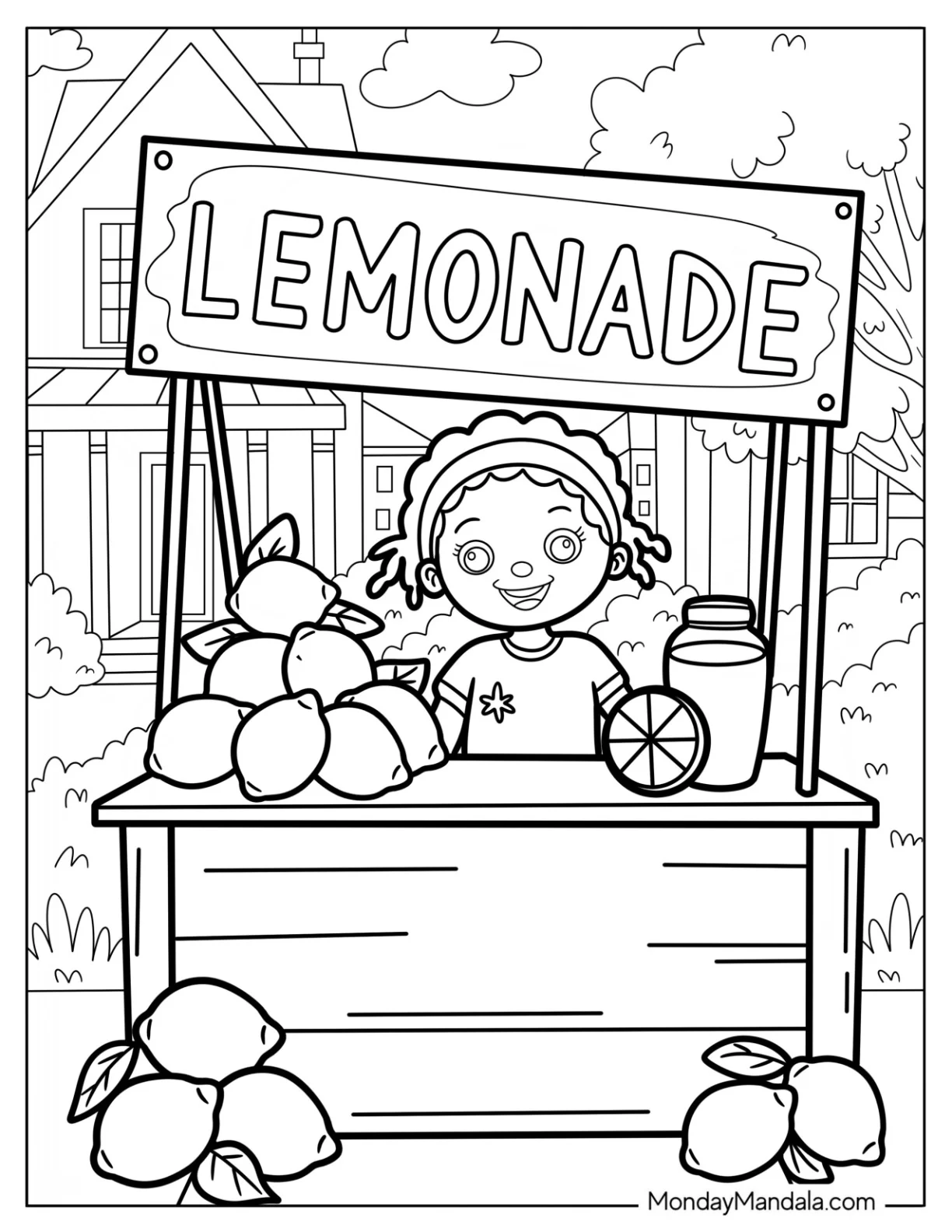 Girl Running a Lemonade Stand with Fresh Lemons Coloring Page coloring page