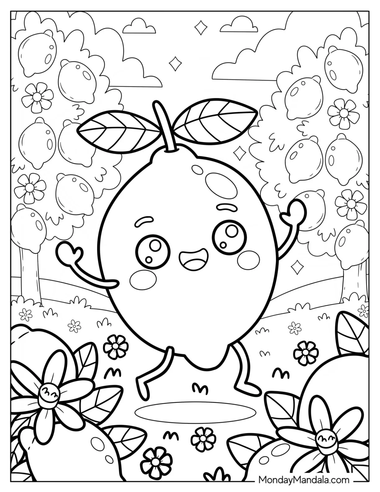 Kawaii Lemon Coloring Page Mid Jump in a Lemon Garden for Kids coloring page — printable line art