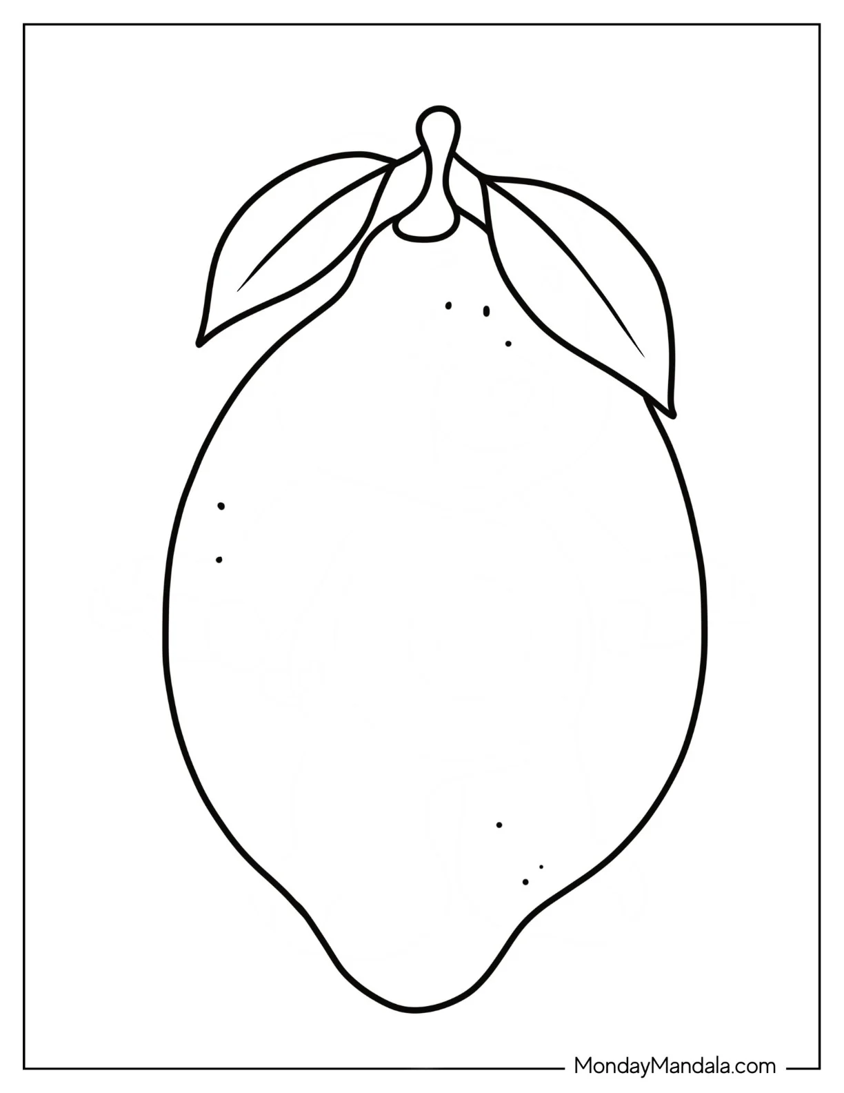 Large Whole Lemon Coloring Page With Stem And Leaves For Kids coloring page — printable line art