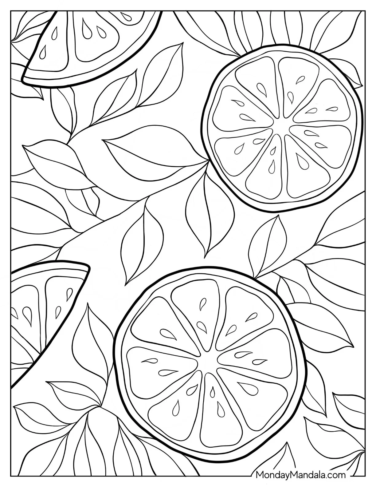 Lemon Coloring Page Slices And Wedges With Leaves coloring page — printable line art