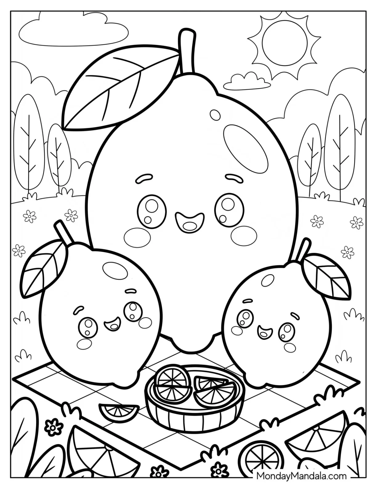 Parent Lemon Coloring Page with Baby Lemons on a Picnic Mat coloring page — printable line art