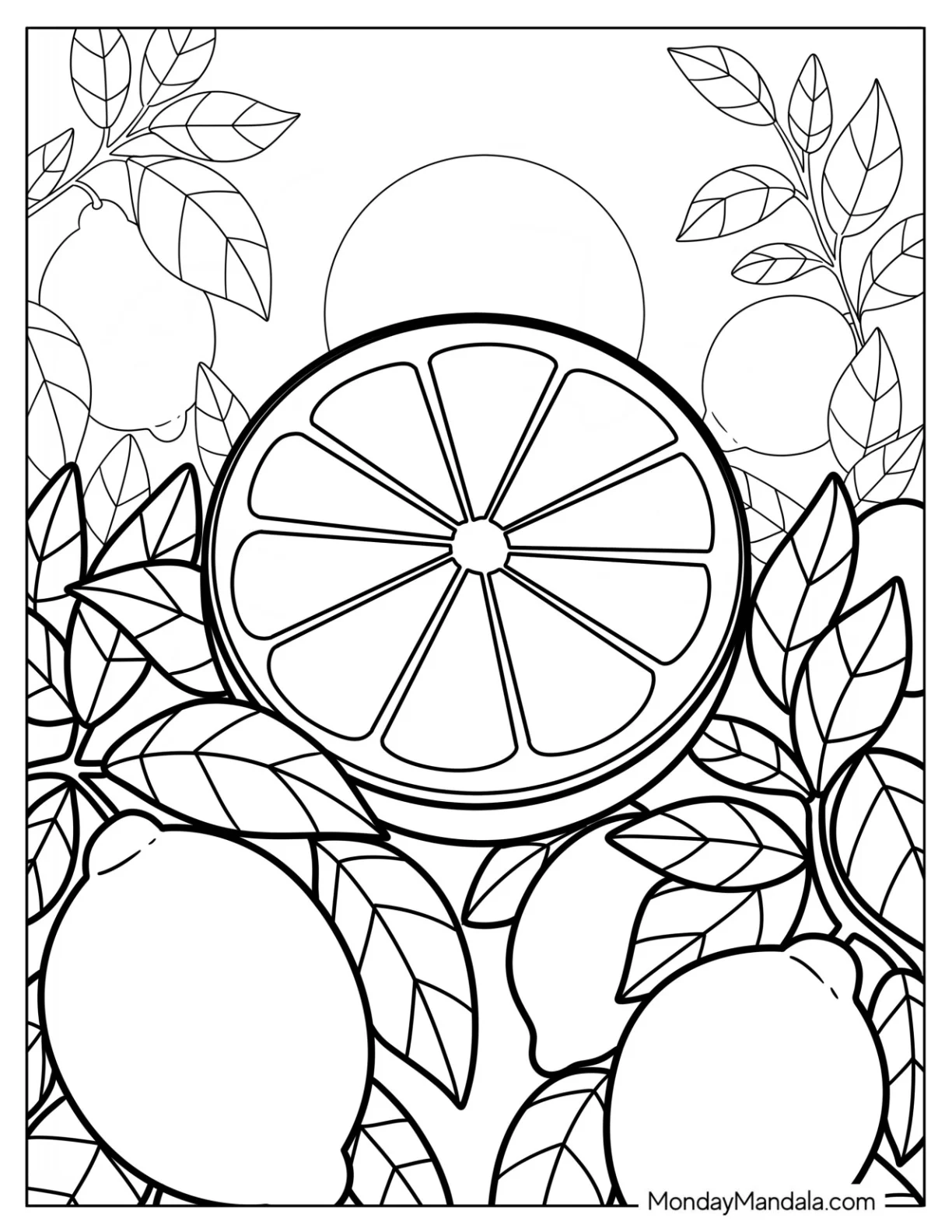 Realistic Lemon Coloring Page Slice on Leaves for Kids coloring page