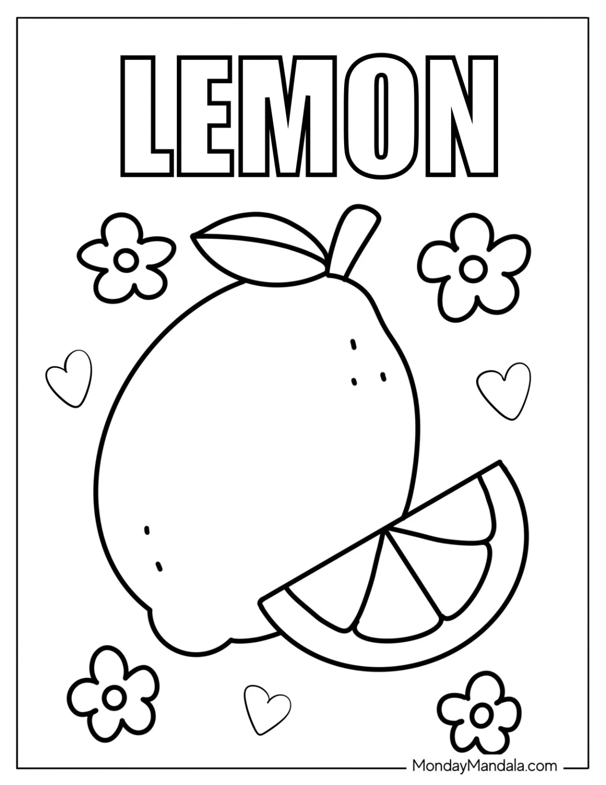 Simple Lemon Coloring Page Flashcard with Love Hearts and Flowers.pdf coloring page