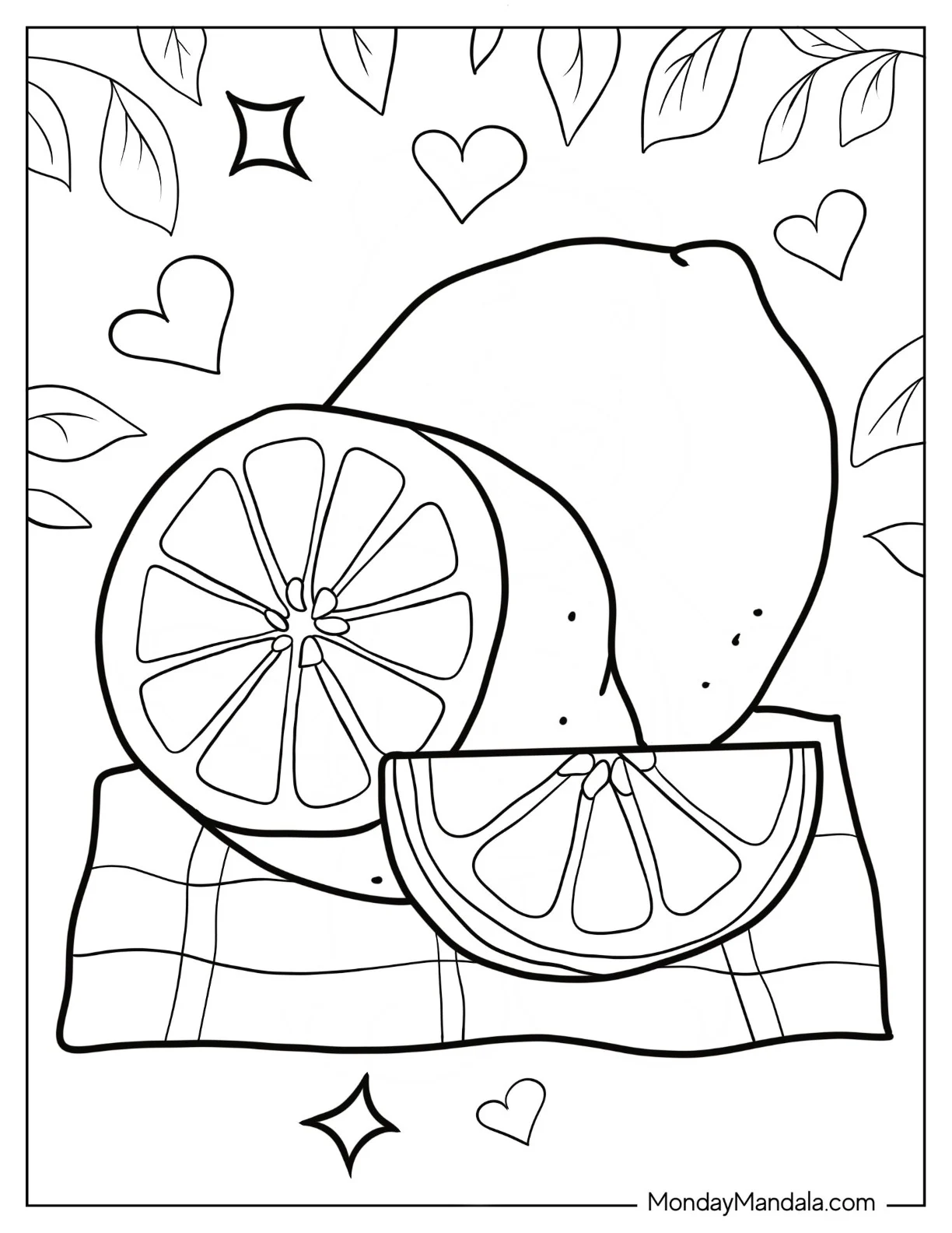 Simple Whole And Sliced Lemon Coloring Page Outline On Checkered Napkin coloring page