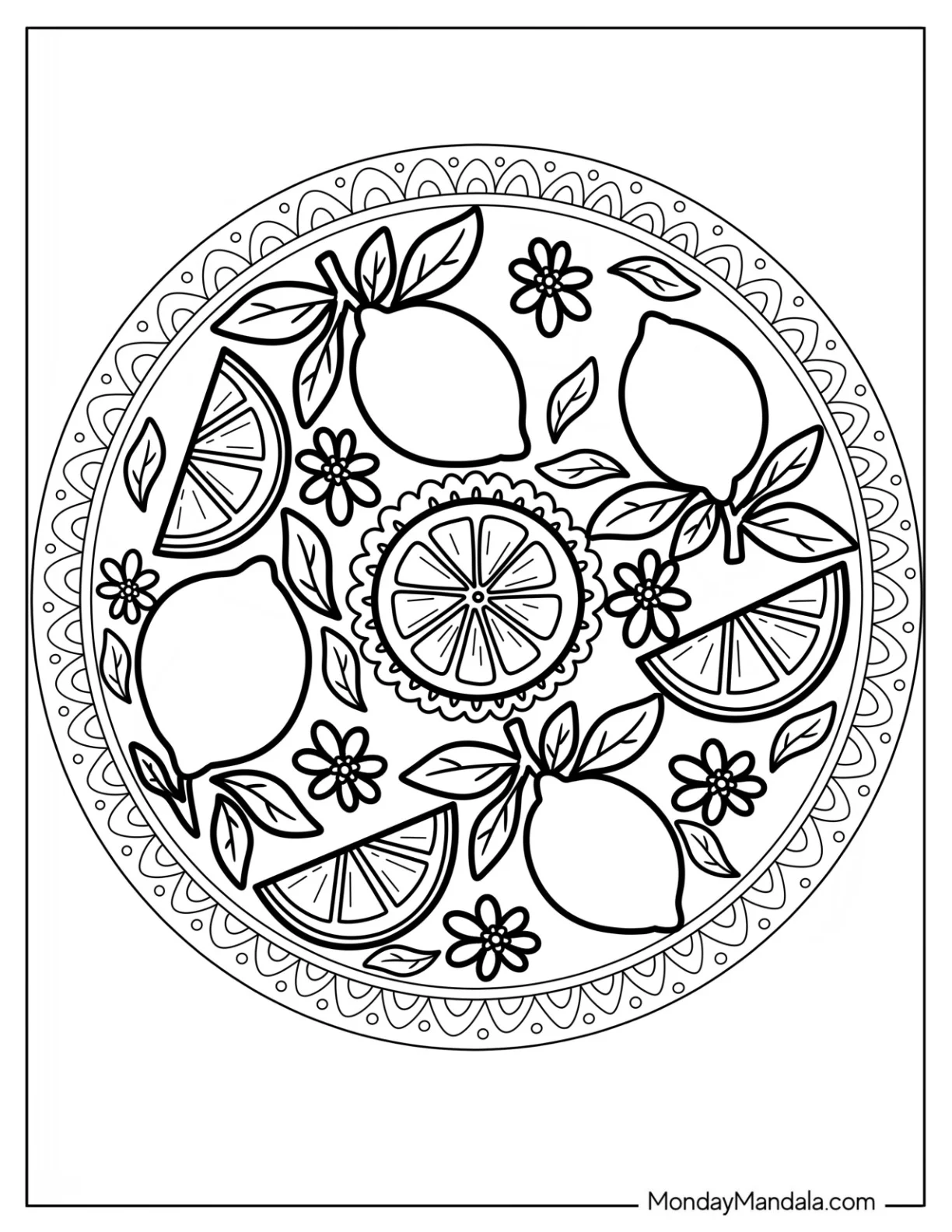 Whole Lemon Coloring Page and Wedges with Flowers Inside Mandala Frame coloring page