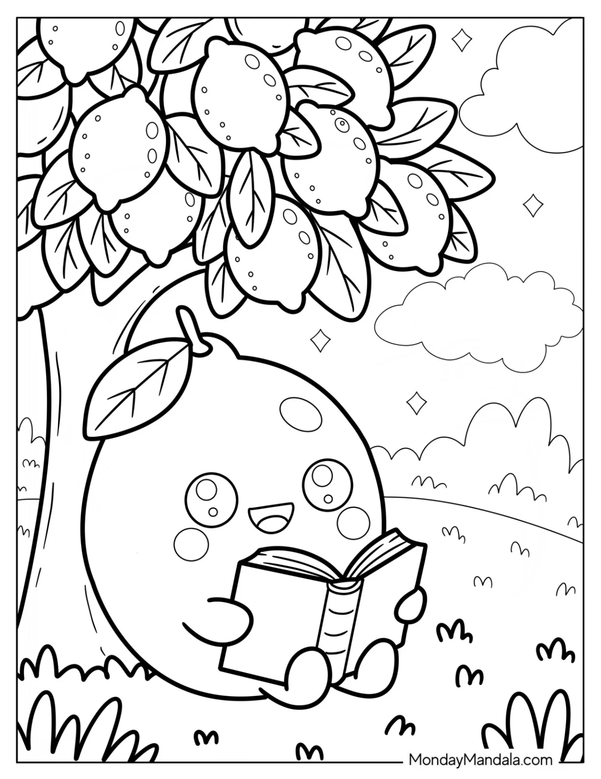 Young Lemon Coloring Page Reading a Book under a Lemon Tree.pdf coloring page