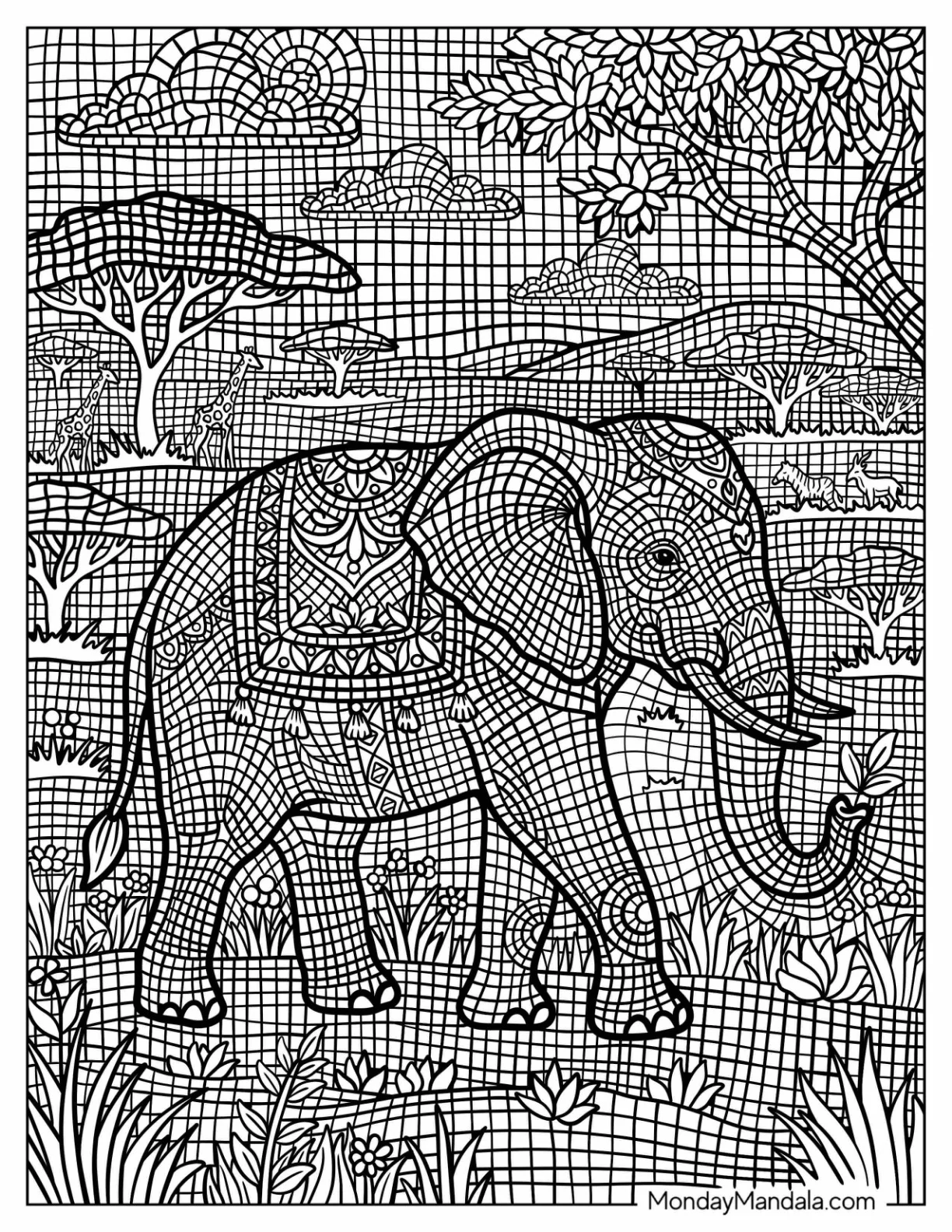 African Elephant and Calf Walking Across the Savanna Mosaic coloring page — printable line art