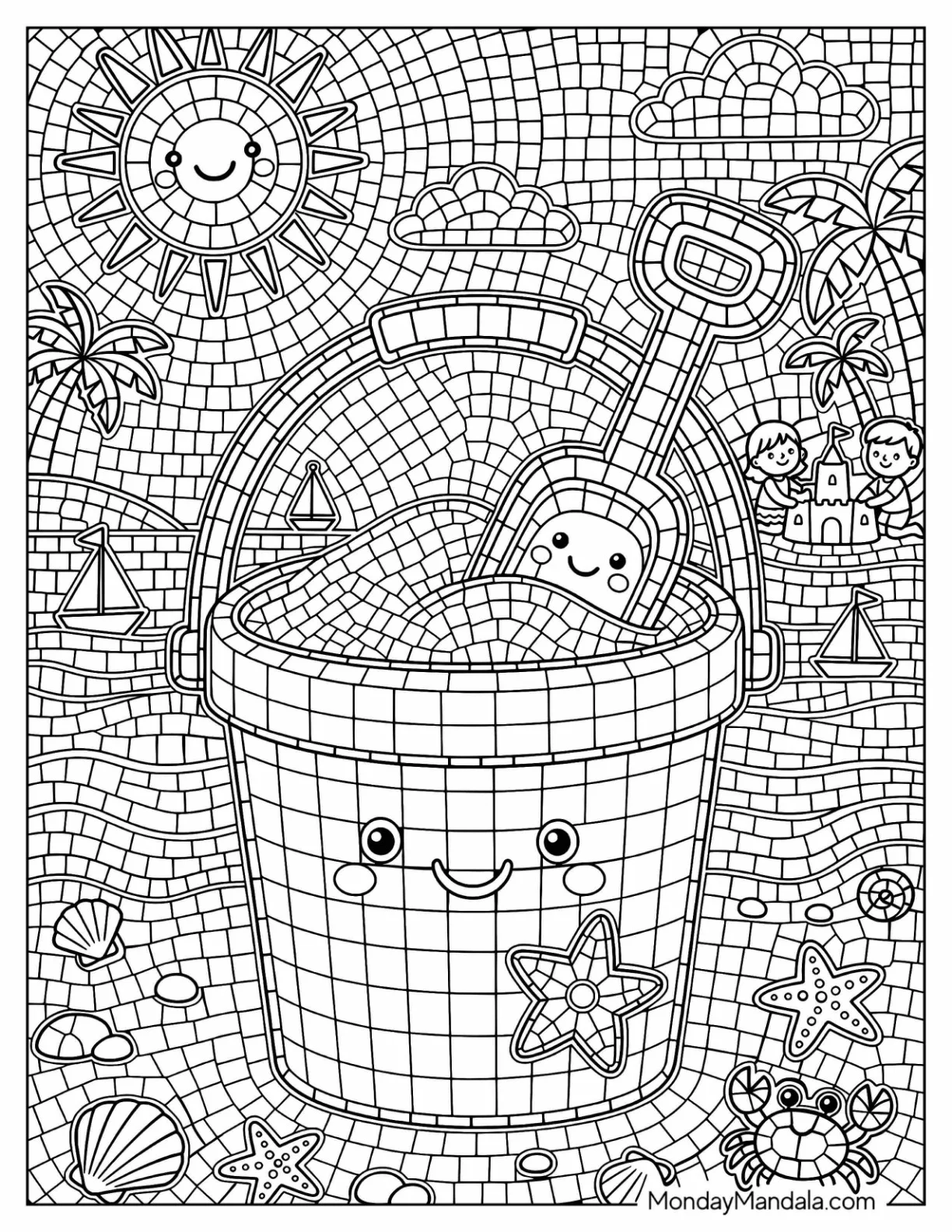Beach Bucket and Shovel by the Ocean Mosaic Coloring Page coloring page
