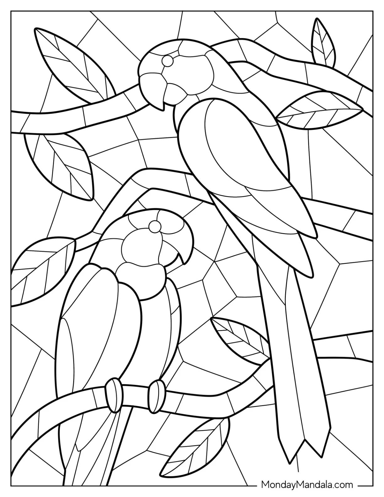 Birds Perched On Tree Branches Mosaic Coloring Page coloring page