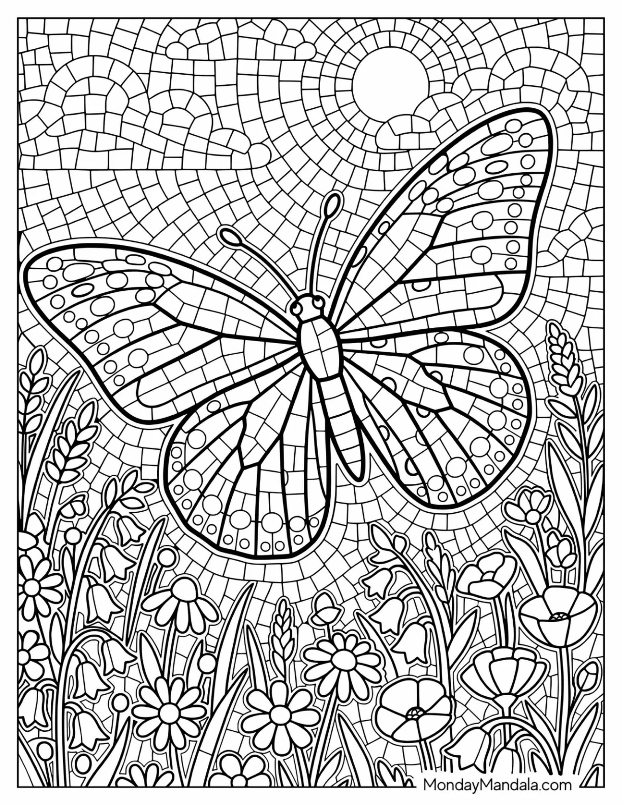 Butterfly Flying Above a Wildflower Meadow Mosaic Coloring Page coloring page — printable line art