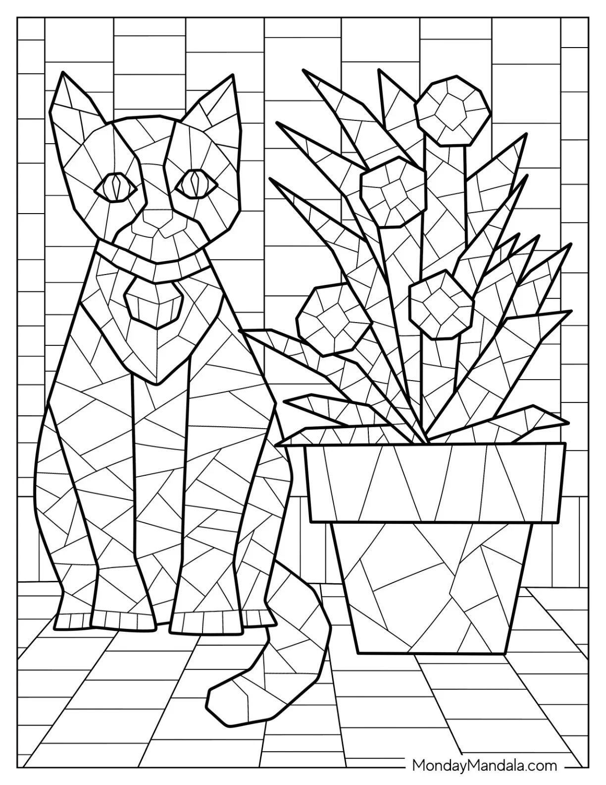 Cats Sitting Beside Flower Pots Mosaic Coloring Page coloring page