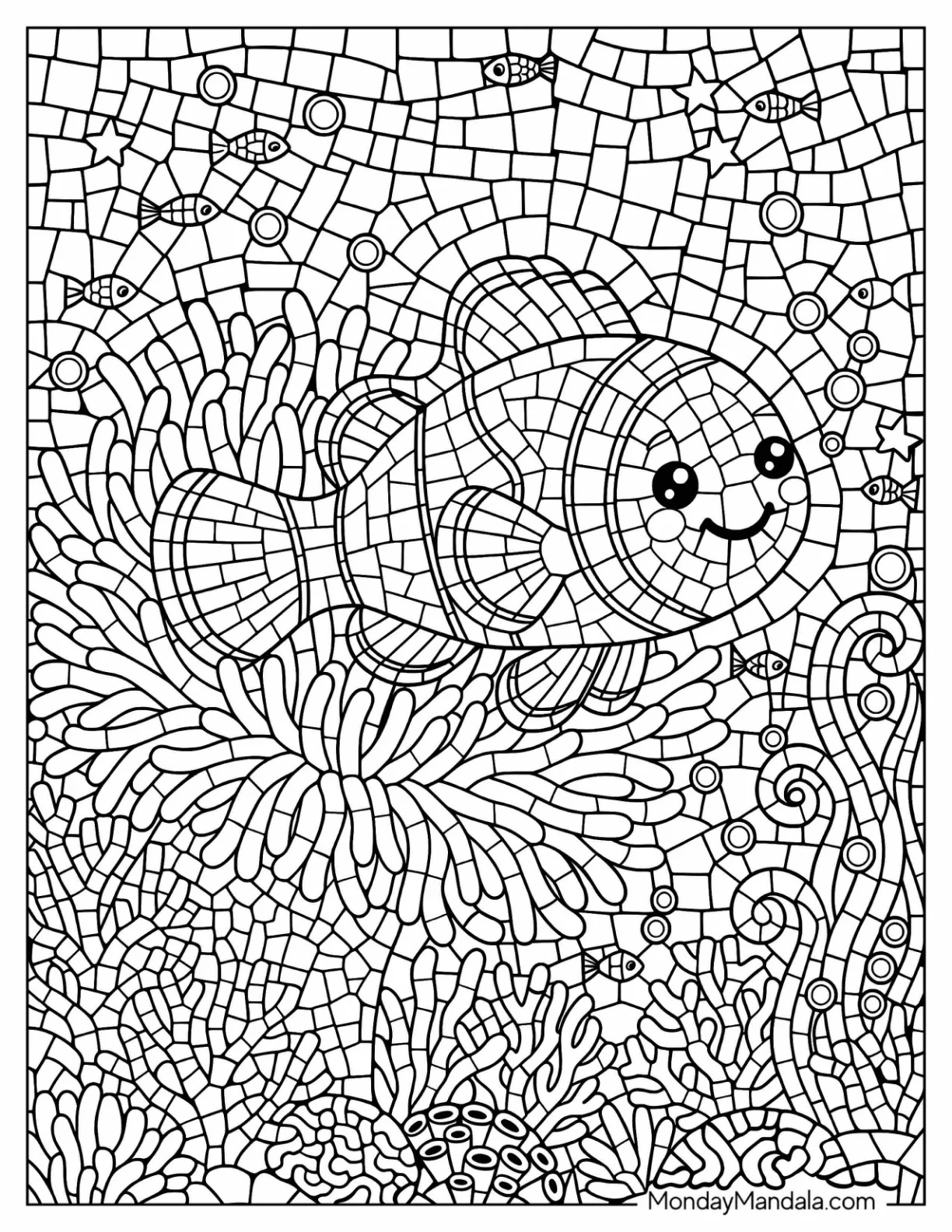 Clownfish Swimming Above a Sea Anemone Mosaic Coloring Page coloring page