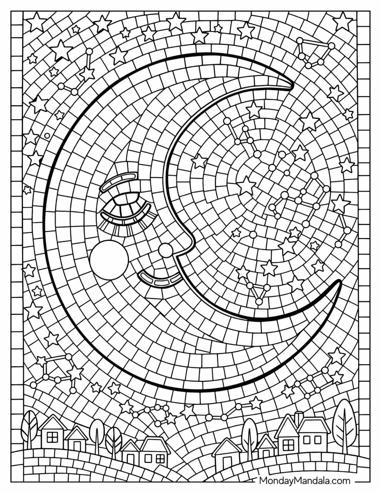 Crescent Moon Shining Above a Village Mosaic Coloring Page coloring page