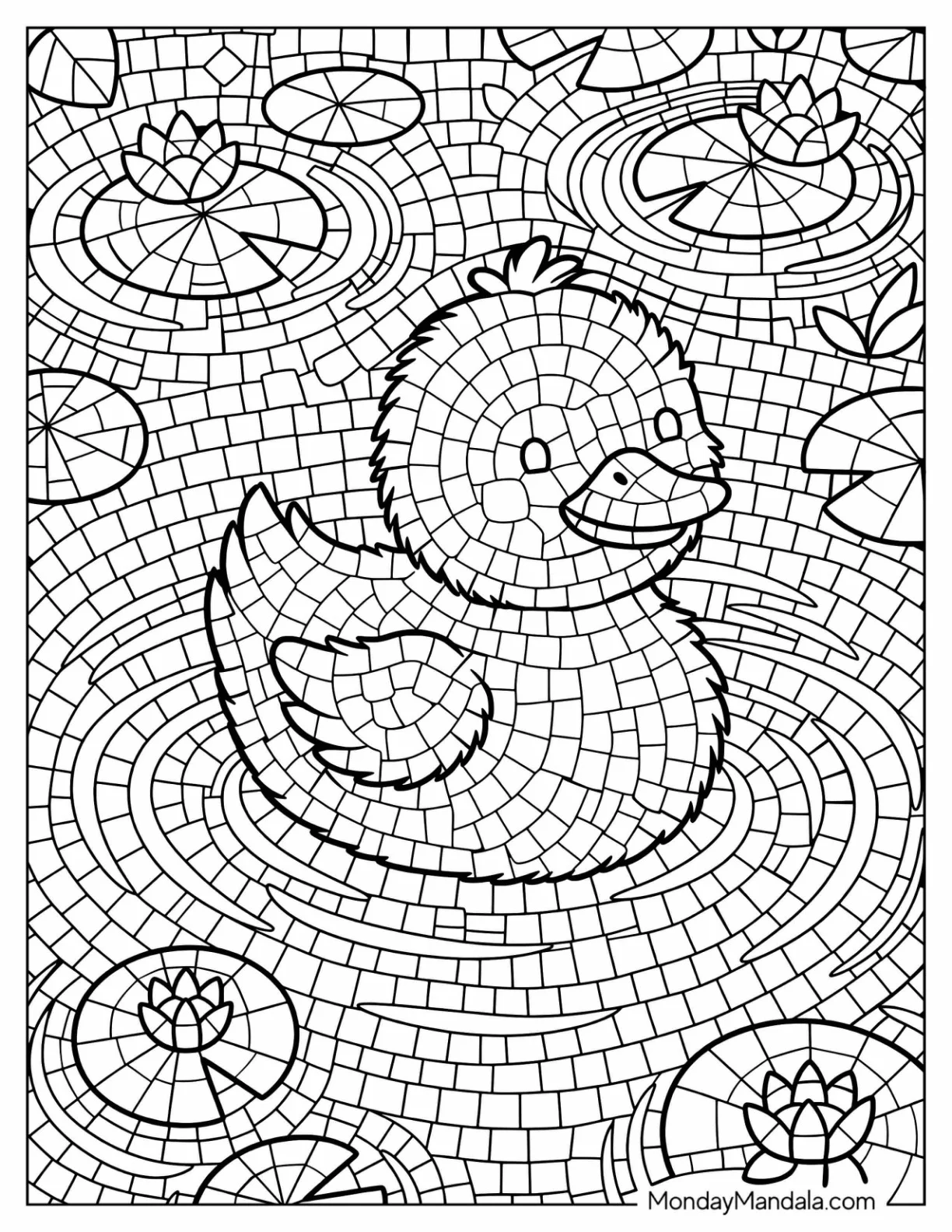 Duck Swimming Among Lily Pads Mosaic Coloring Page coloring page