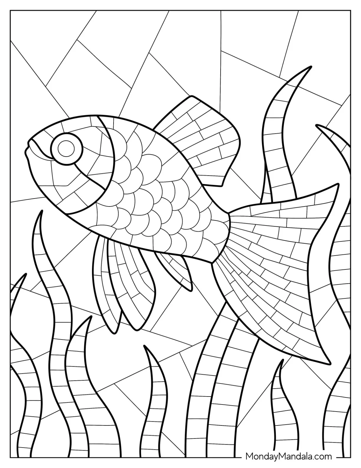 Fish Swimming Through Seaweed Mosaic Coloring Page coloring page — printable line art