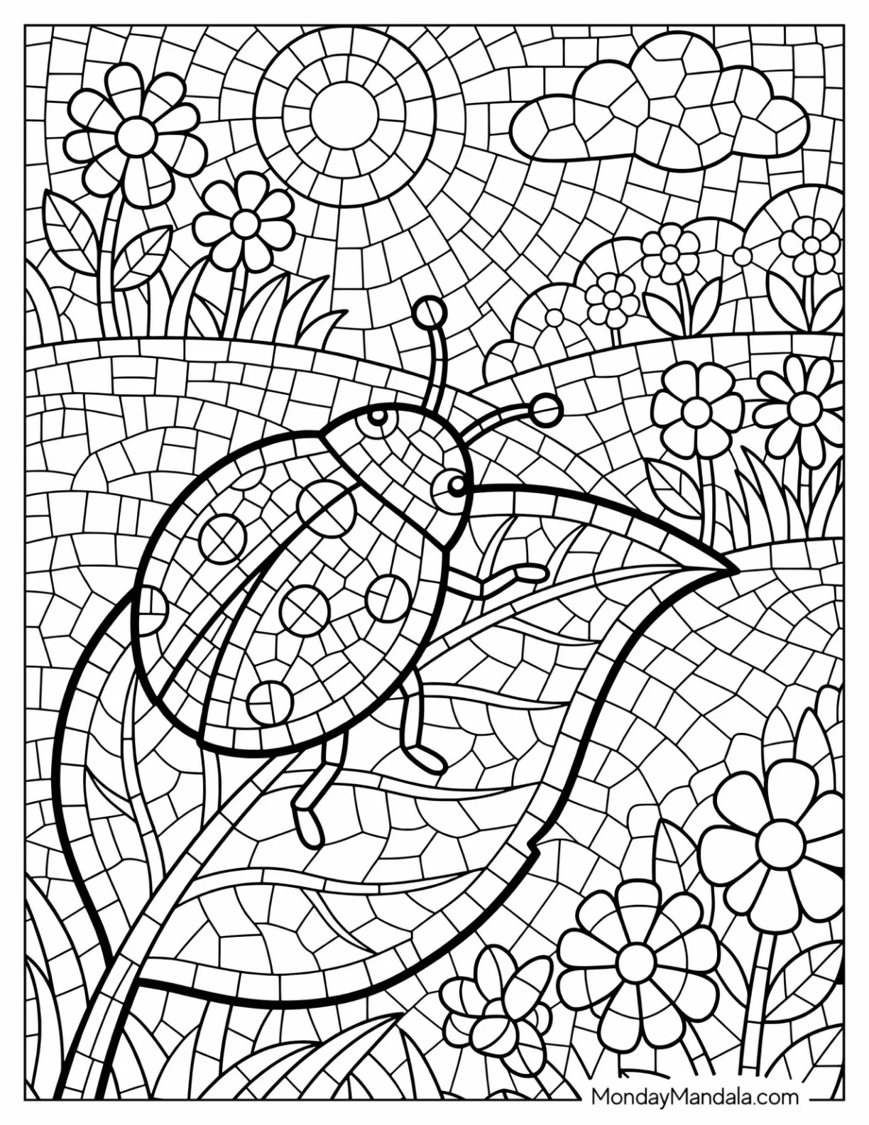 Ladybug Crawling on a Leaf in a Flower Garden Mosaic Coloring Sheet coloring page