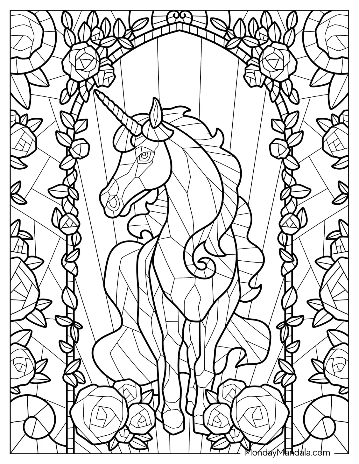Majestic Unicorn Surrounded By Roses Mosaic Coloring Page coloring page — printable line art