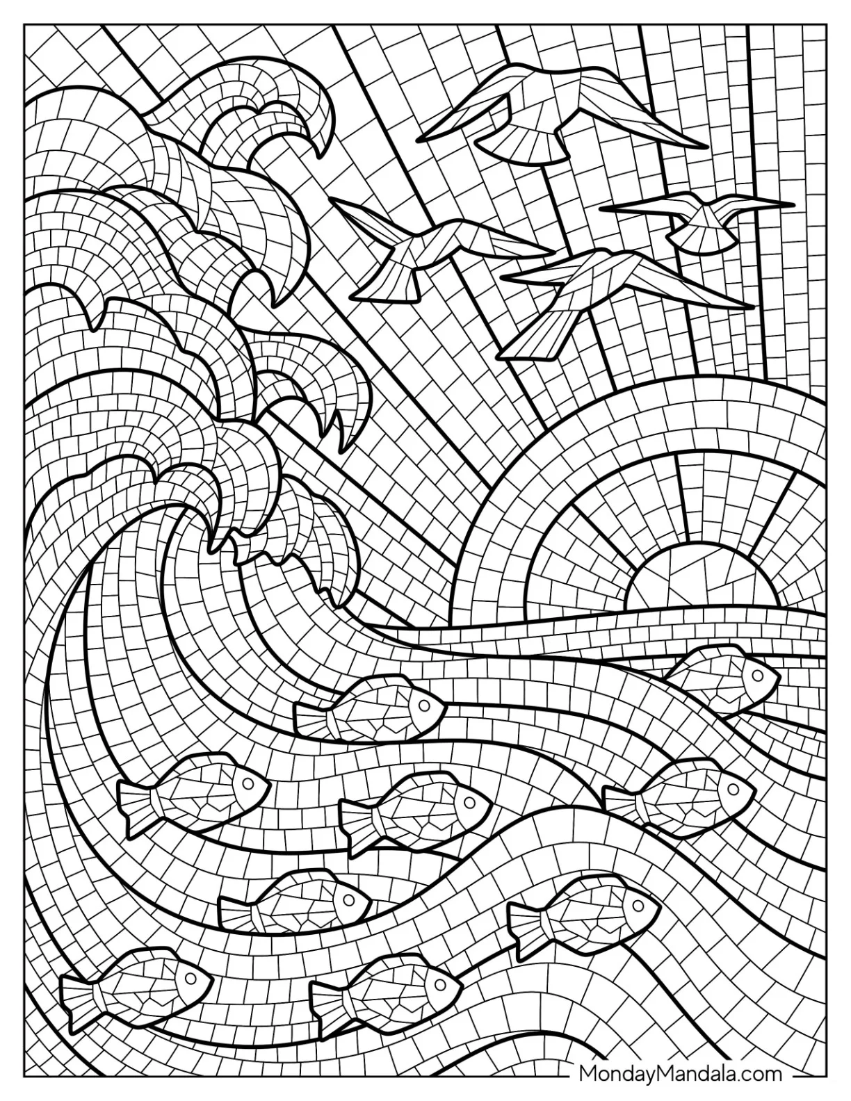 Massive Waves With Fish And Birds Mosaic Coloring Page coloring page