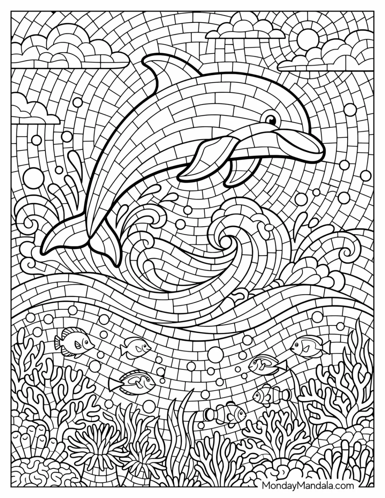 Mosaic Dolphin Leaping Above Ocean Waves and Coral Reef coloring page