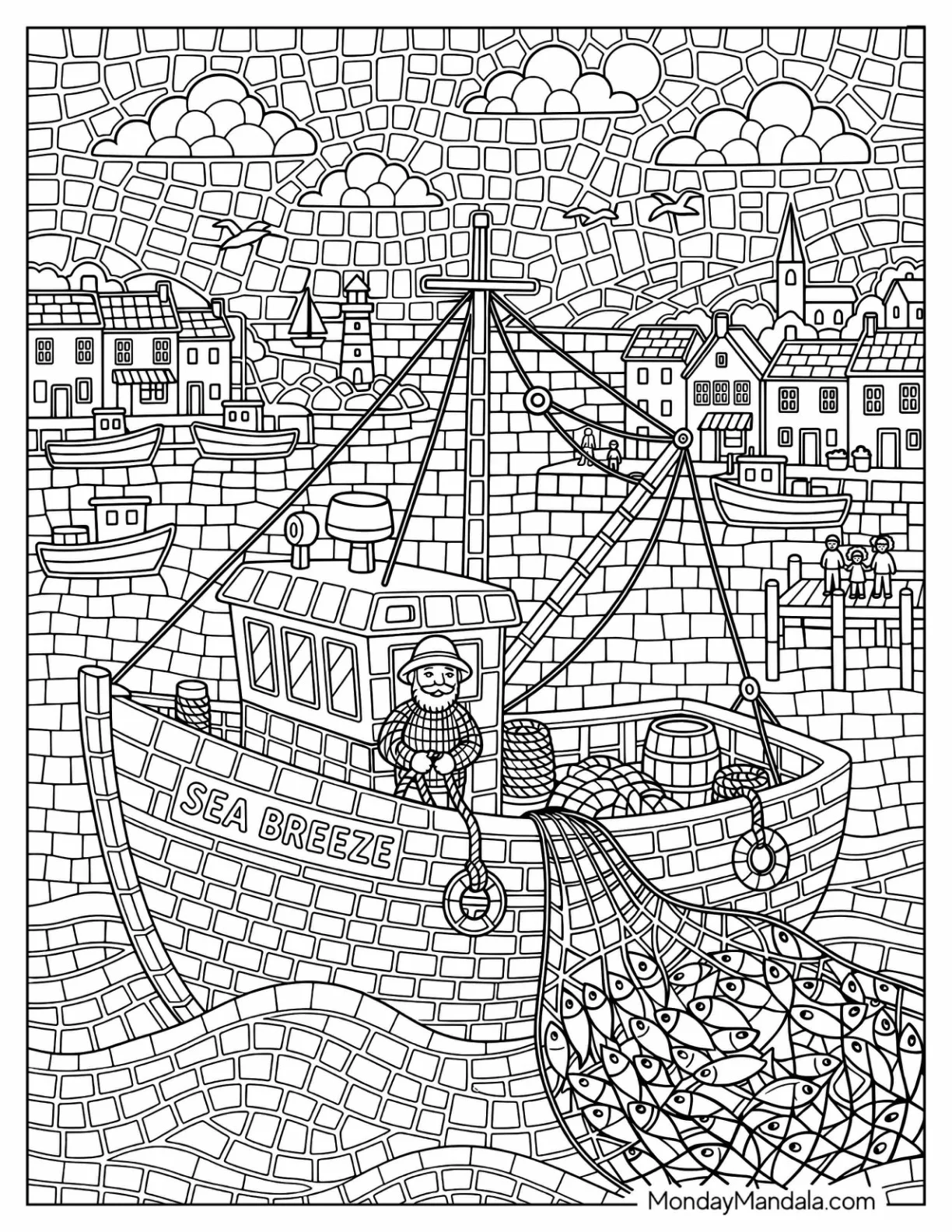 Mosaic Fishing Boat Hauling a Net in a Coastal Harbor Coloring Sheet coloring page