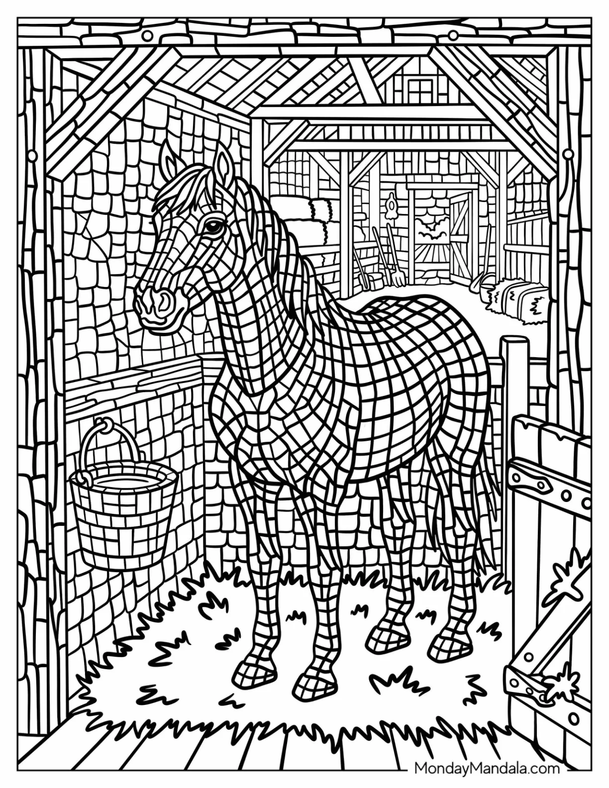 Mosaic Horse Standing Inside a Rustic Stable Coloring Page coloring page