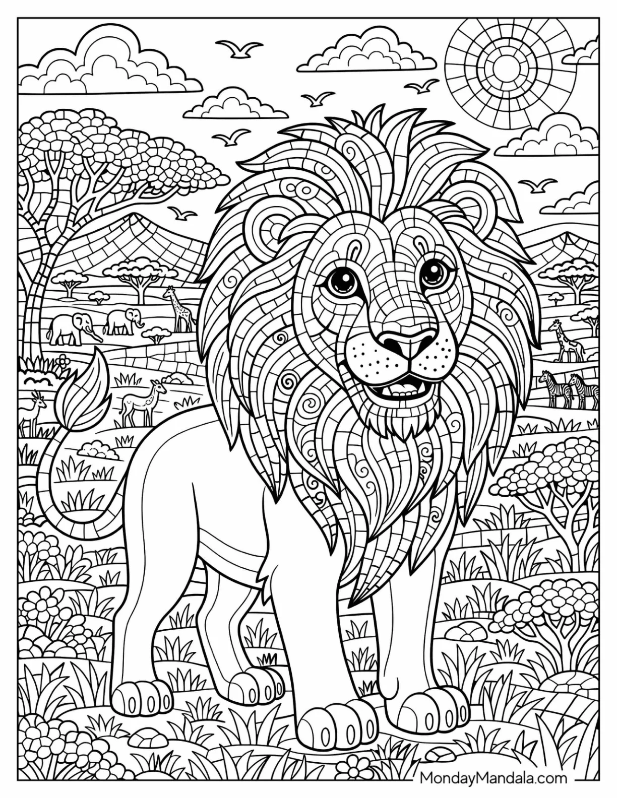 Mosaic Lion Standing in an African Savanna Coloring Sheet for Kids coloring page