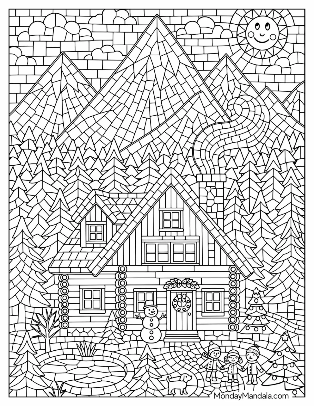 Mosaic Log Cabin in a Snowy Mountain Forest Coloring Page coloring page — printable line art