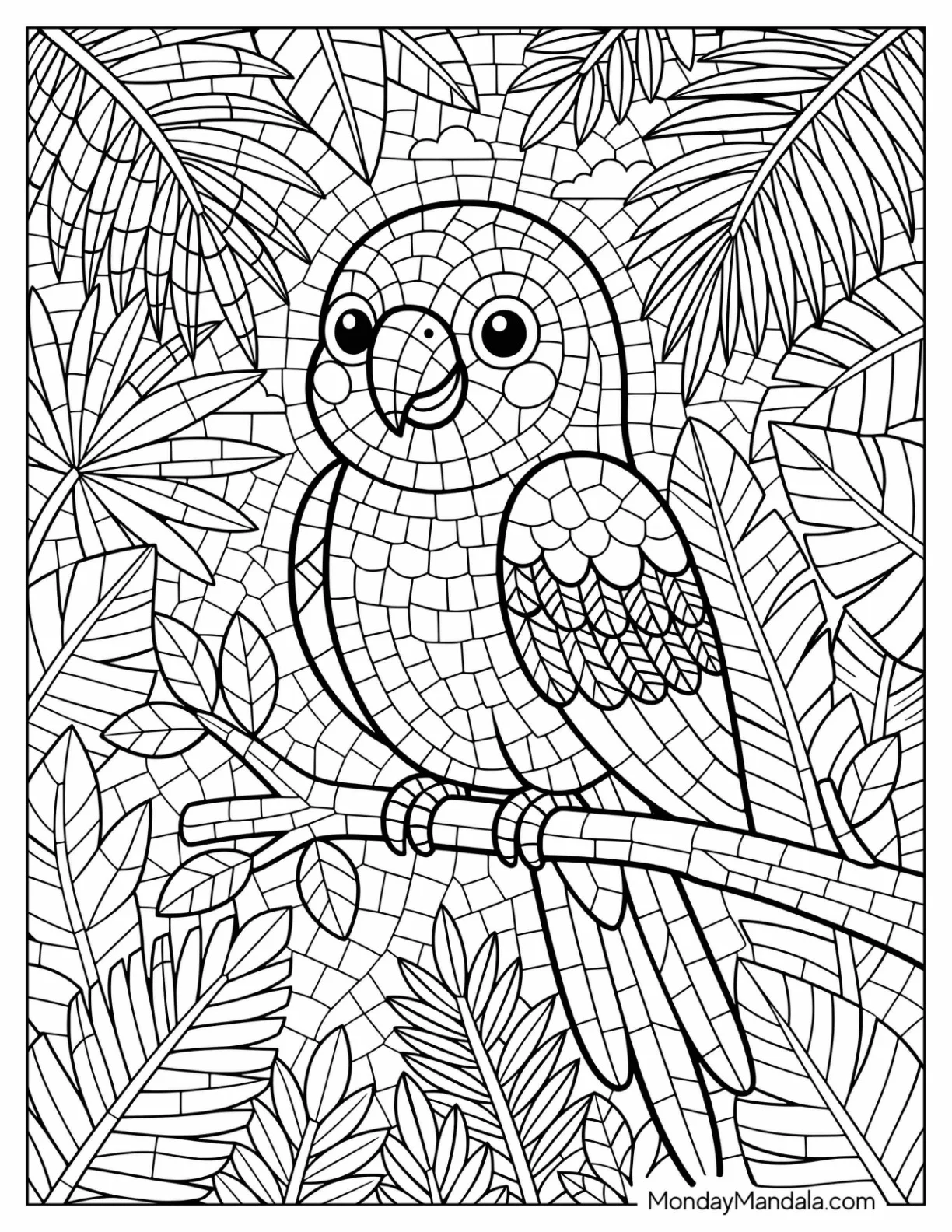 Mosaic Parrot Perched Among Tropical Leaves Coloring Page coloring page