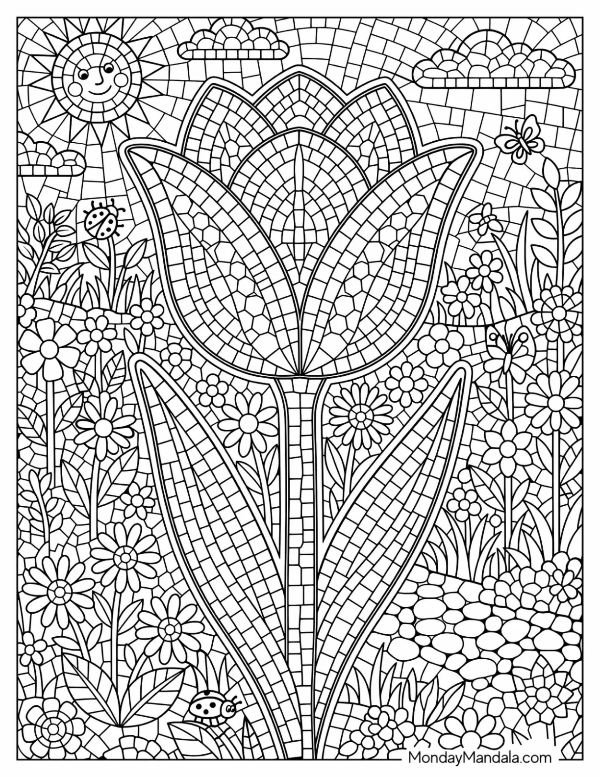 Mosaic Tulip Blooming in a Flower Garden Coloring Sheet coloring page — printable line art