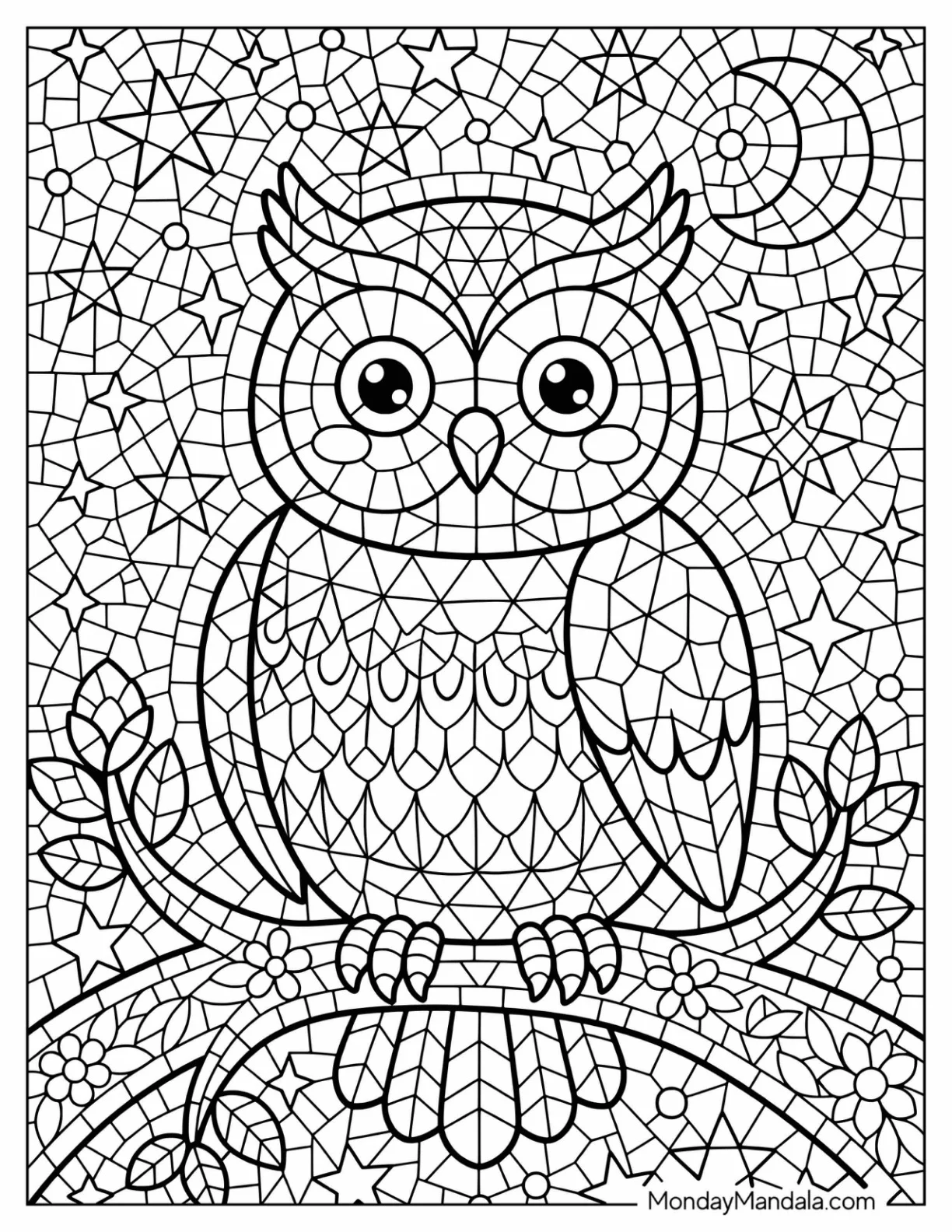 Owl Perched on a Flowering Branch Mosaic Coloring Page for Kids coloring page — printable line art