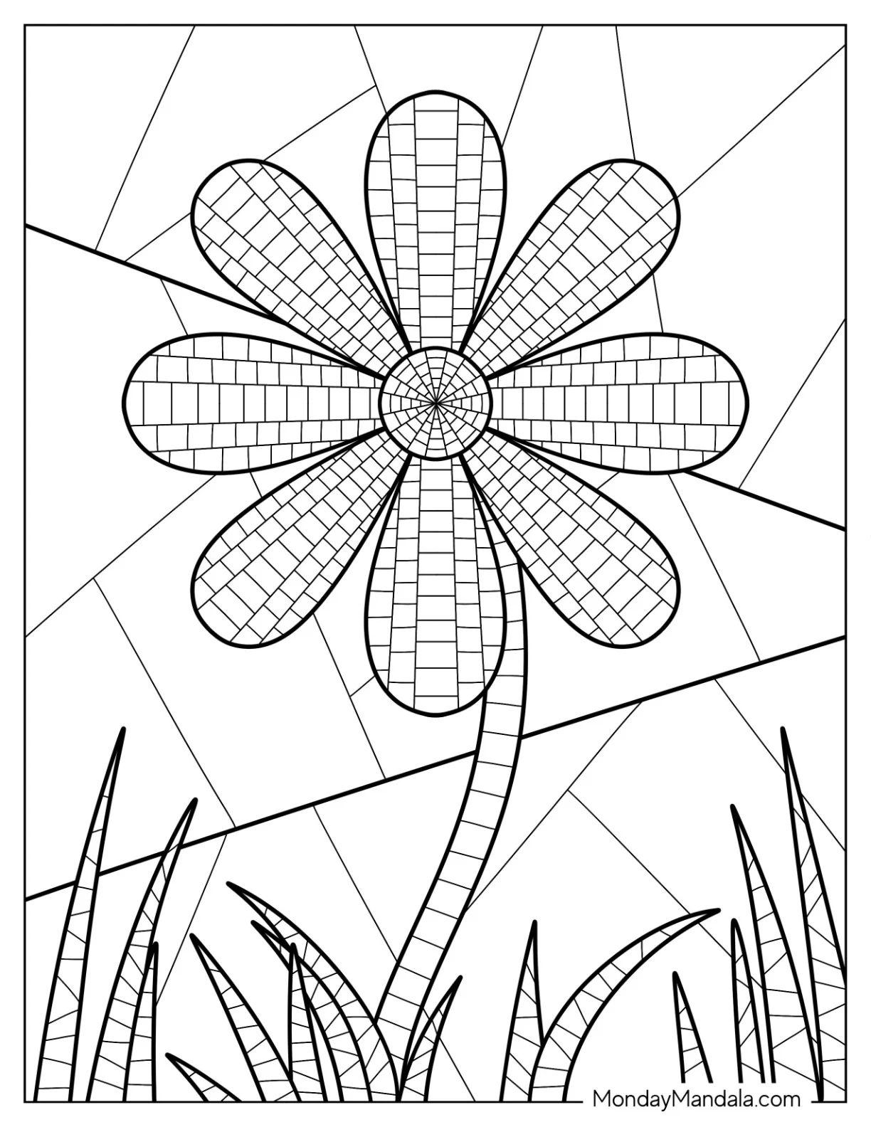 Pretty Daisy On A Field Mosaic Coloring Page coloring page — printable line art