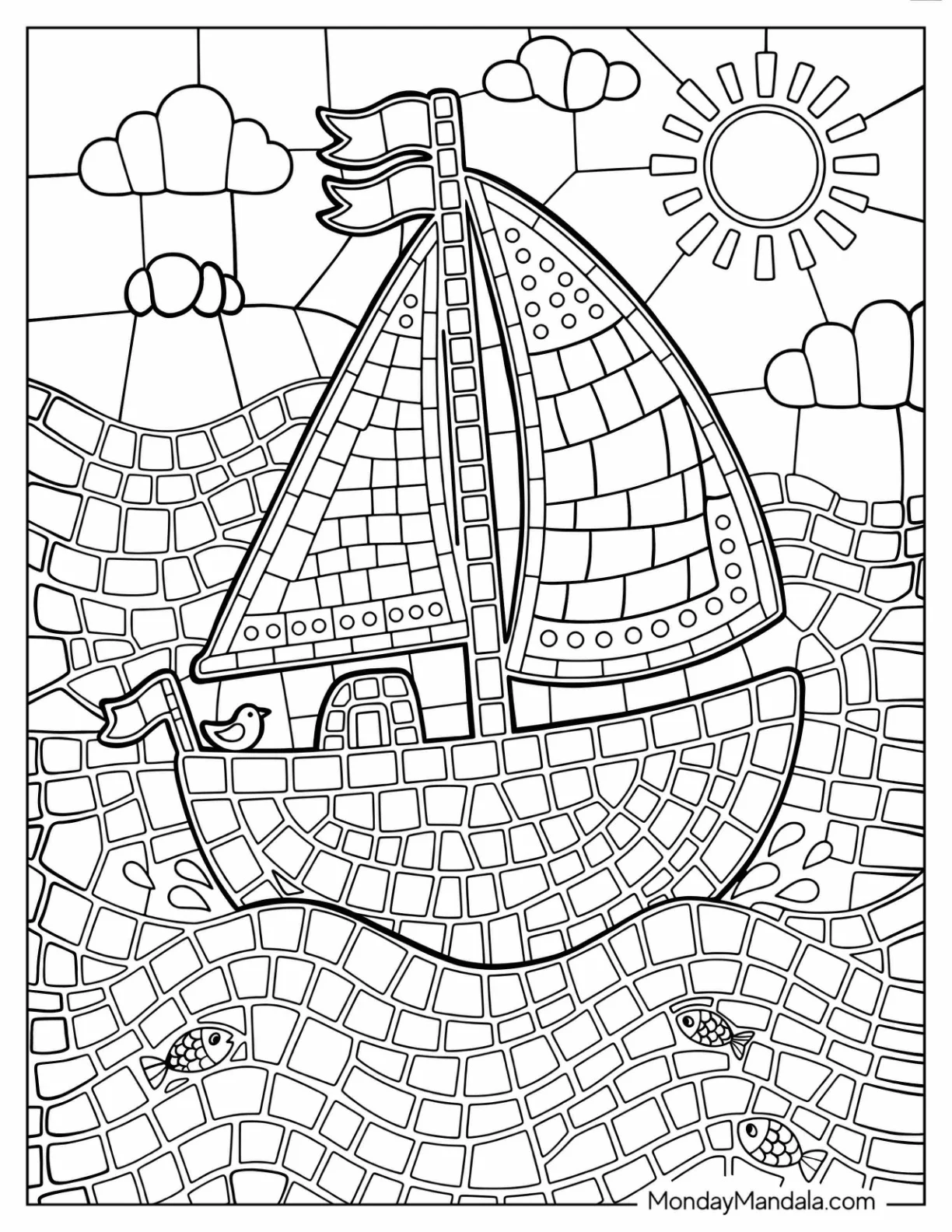Sailboat Sailing Across Ocean Waves Mosaic Coloring Page coloring page